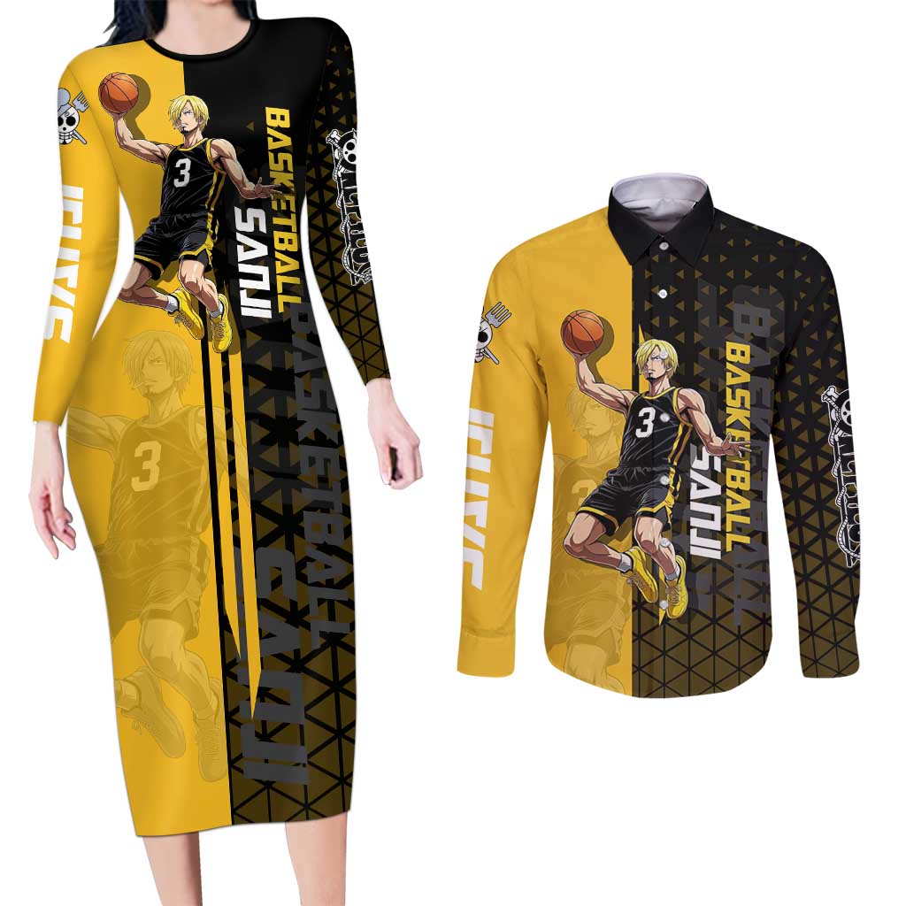 Sanji One Piece Basketball Theme Yellow and Black Design Couples Matching Long Sleeve Bodycon Dress and Long Sleeve Button Shirt with Pirate Chef Logo and Jump Shot Pose - The Mazicc