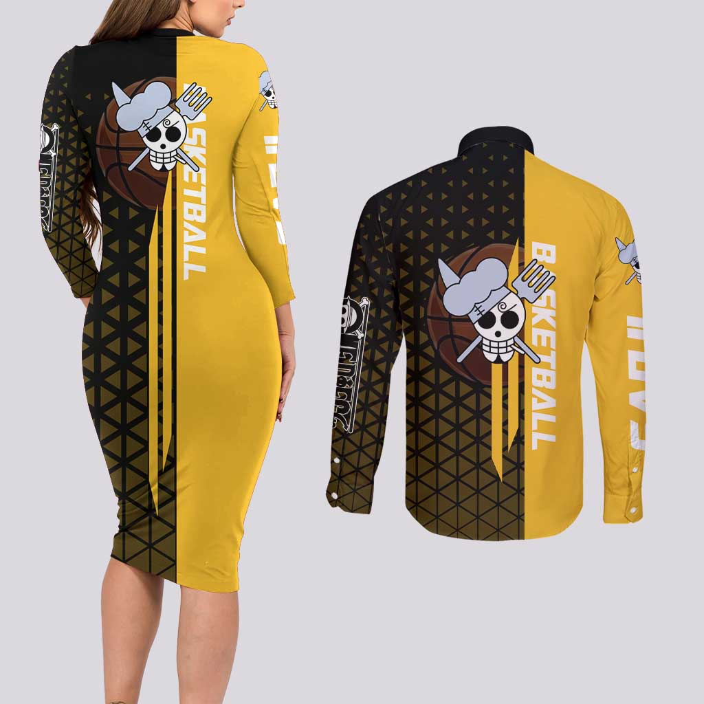 Sanji One Piece Basketball Theme Yellow and Black Design Couples Matching Long Sleeve Bodycon Dress and Long Sleeve Button Shirt with Pirate Chef Logo and Jump Shot Pose - The Mazicc