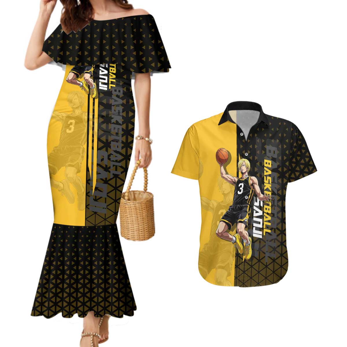 Sanji One Piece Basketball Theme Yellow and Black Design Couples Matching Mermaid Dress and Hawaiian Shirt with Pirate Chef Logo and Jump Shot Pose - The Mazicc