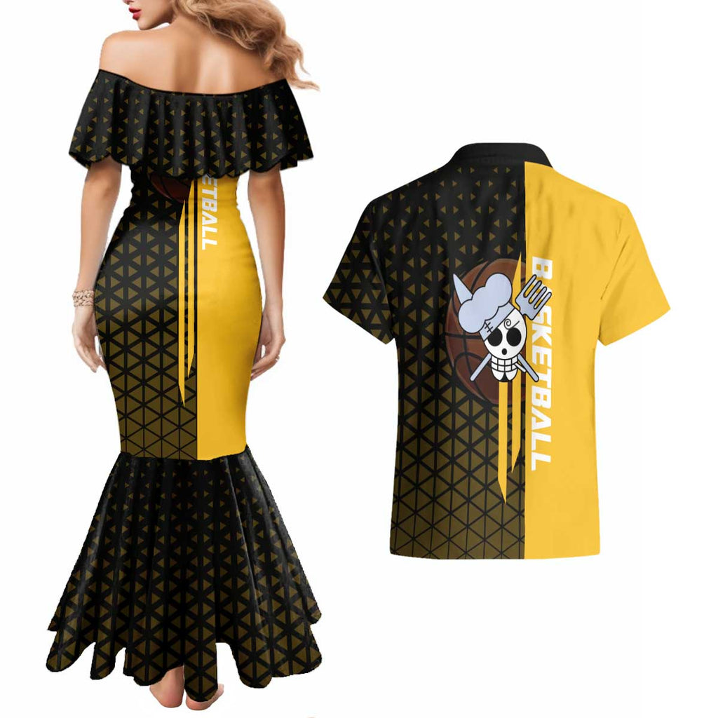 Sanji One Piece Basketball Theme Yellow and Black Design Couples Matching Mermaid Dress and Hawaiian Shirt with Pirate Chef Logo and Jump Shot Pose - The Mazicc