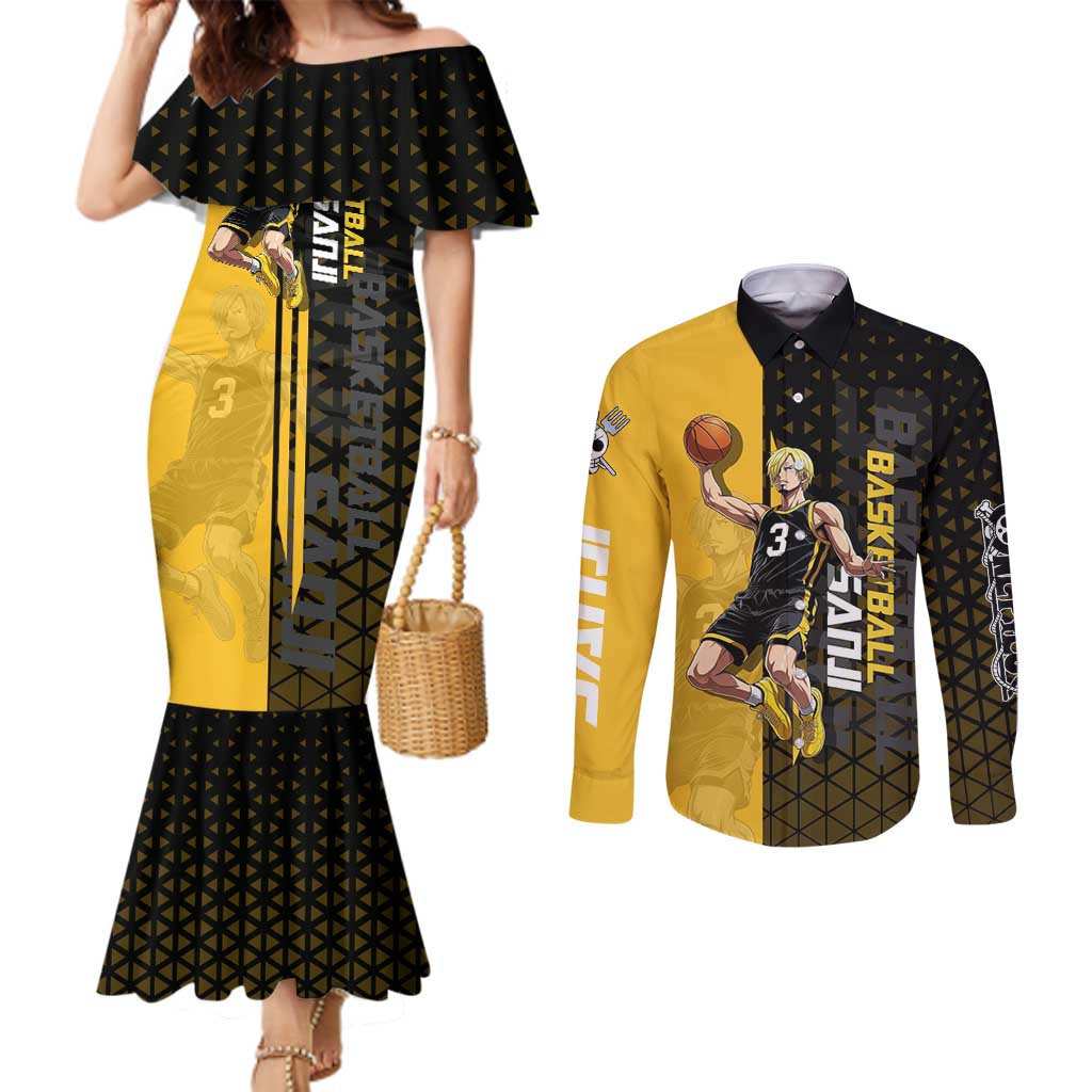 Sanji One Piece Basketball Theme Yellow and Black Design Couples Matching Mermaid Dress and Long Sleeve Button Shirt with Pirate Chef Logo and Jump Shot Pose - The Mazicc
