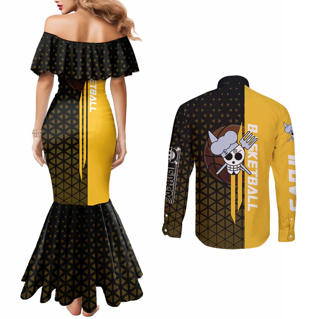 Sanji One Piece Basketball Theme Yellow and Black Design Couples Matching Mermaid Dress and Long Sleeve Button Shirt with Pirate Chef Logo and Jump Shot Pose - The Mazicc