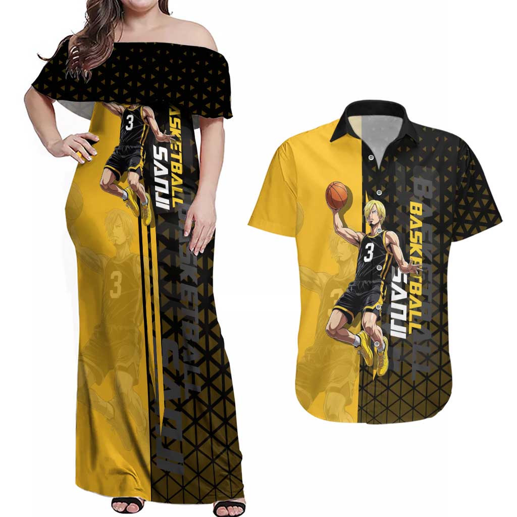 Sanji One Piece Basketball Theme Yellow and Black Design Couples Matching Off Shoulder Maxi Dress and Hawaiian Shirt with Pirate Chef Logo and Jump Shot Pose - The Mazicc
