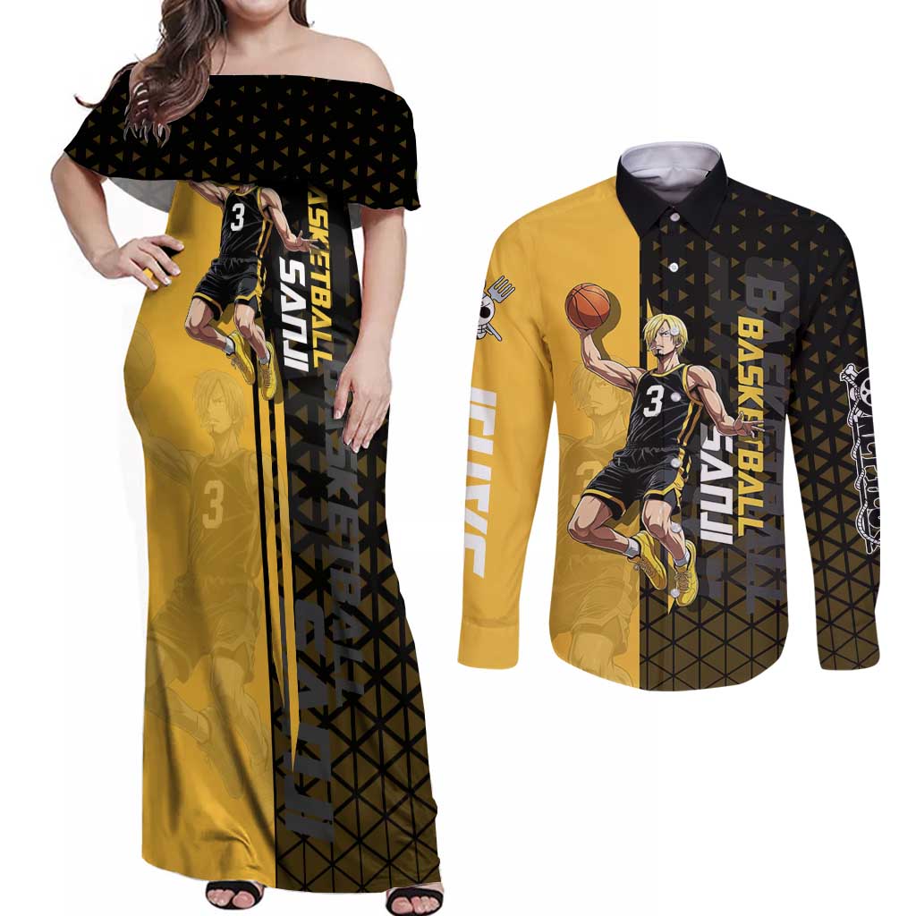 Sanji One Piece Basketball Theme Yellow and Black Design Couples Matching Off Shoulder Maxi Dress and Long Sleeve Button Shirt with Pirate Chef Logo and Jump Shot Pose - The Mazicc