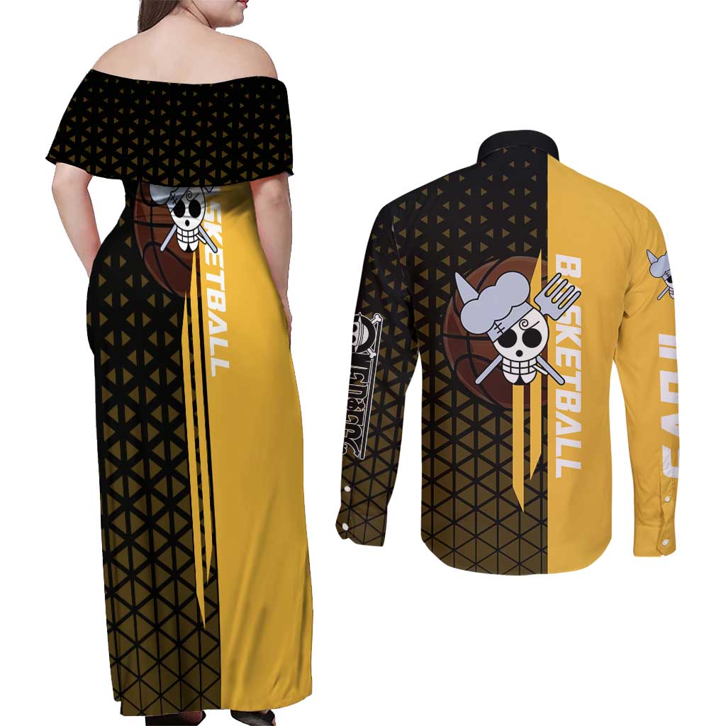 Sanji One Piece Basketball Theme Yellow and Black Design Couples Matching Off Shoulder Maxi Dress and Long Sleeve Button Shirt with Pirate Chef Logo and Jump Shot Pose - The Mazicc