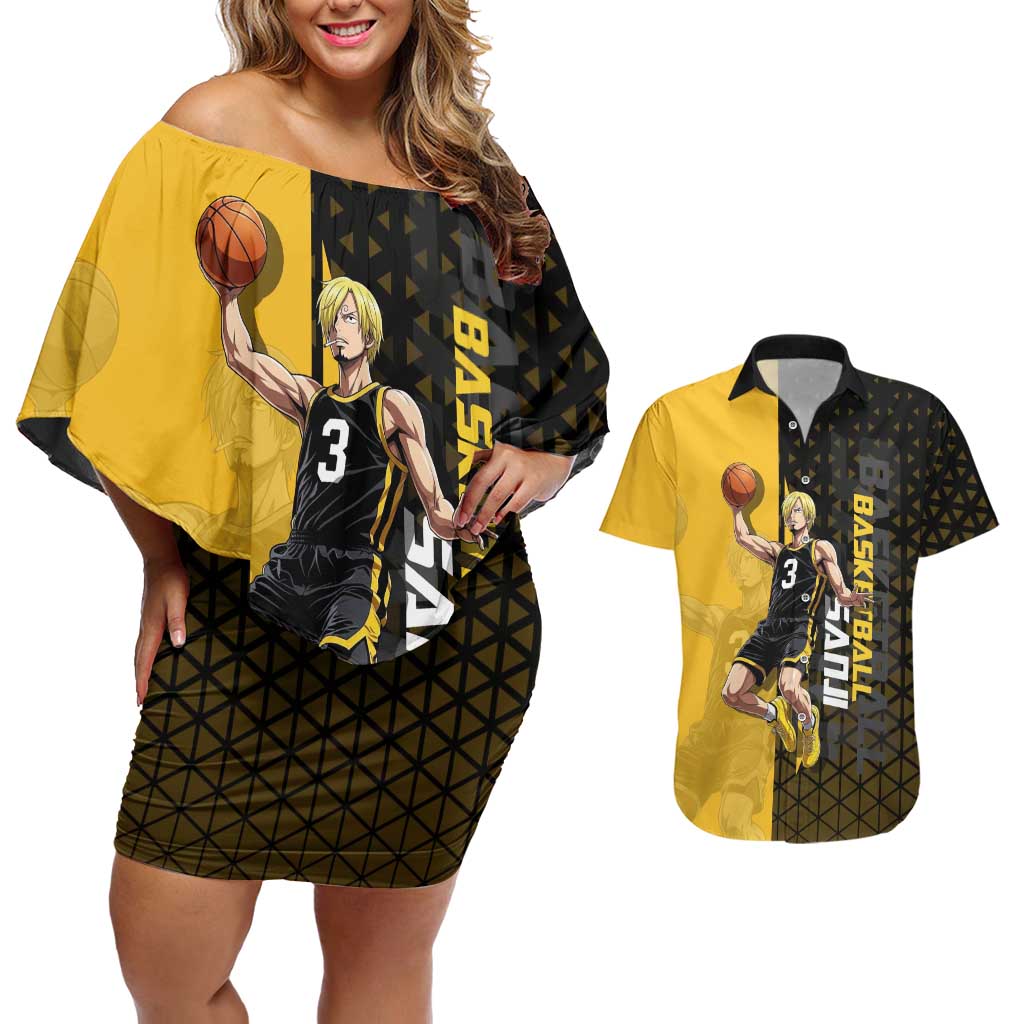 Sanji One Piece Basketball Theme Yellow and Black Design Couples Matching Off Shoulder Short Dress and Hawaiian Shirt with Pirate Chef Logo and Jump Shot Pose - The Mazicc