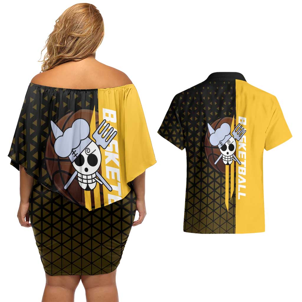 Sanji One Piece Basketball Theme Yellow and Black Design Couples Matching Off Shoulder Short Dress and Hawaiian Shirt with Pirate Chef Logo and Jump Shot Pose - The Mazicc
