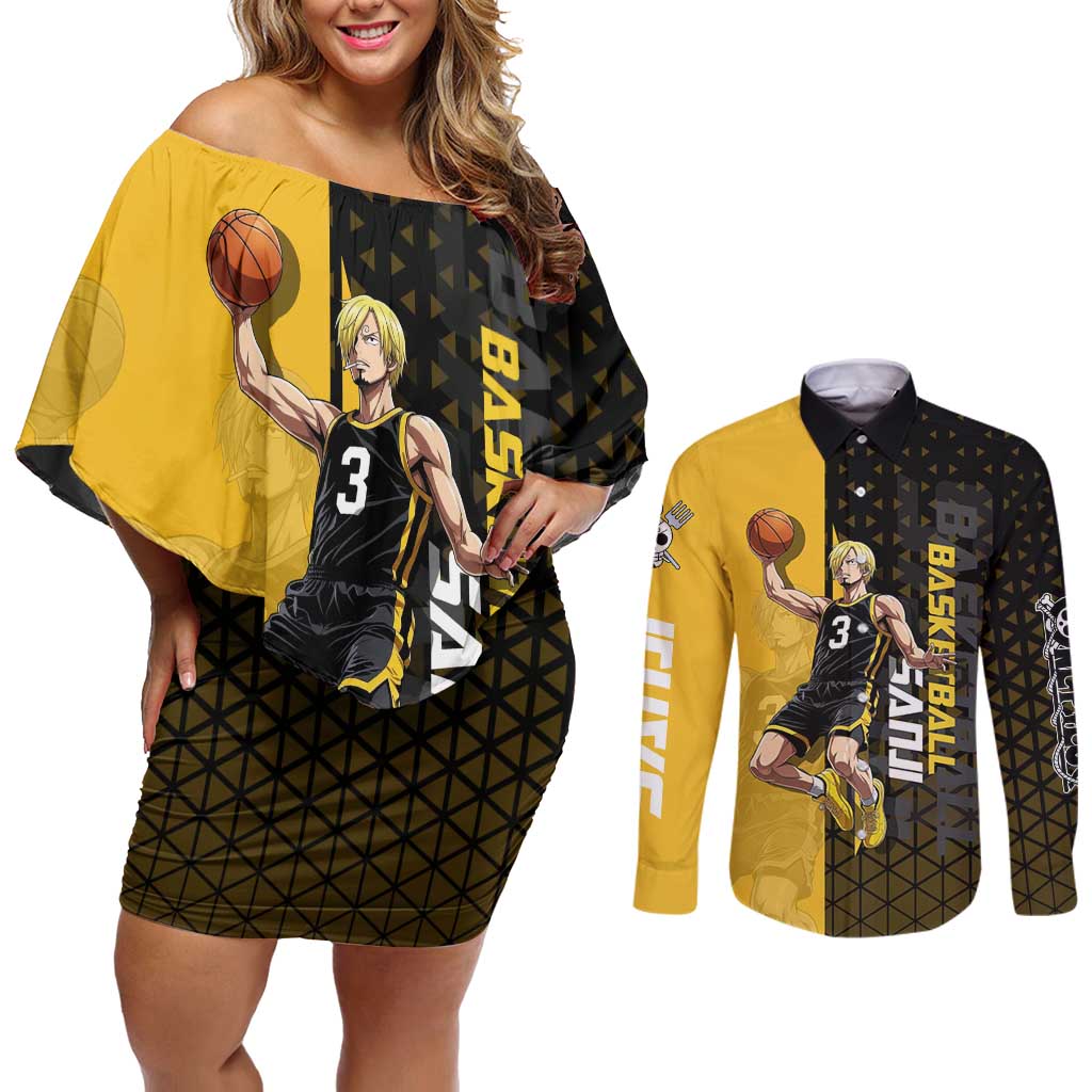 Sanji One Piece Basketball Theme Yellow and Black Design Couples Matching Off Shoulder Short Dress and Long Sleeve Button Shirt with Pirate Chef Logo and Jump Shot Pose - The Mazicc