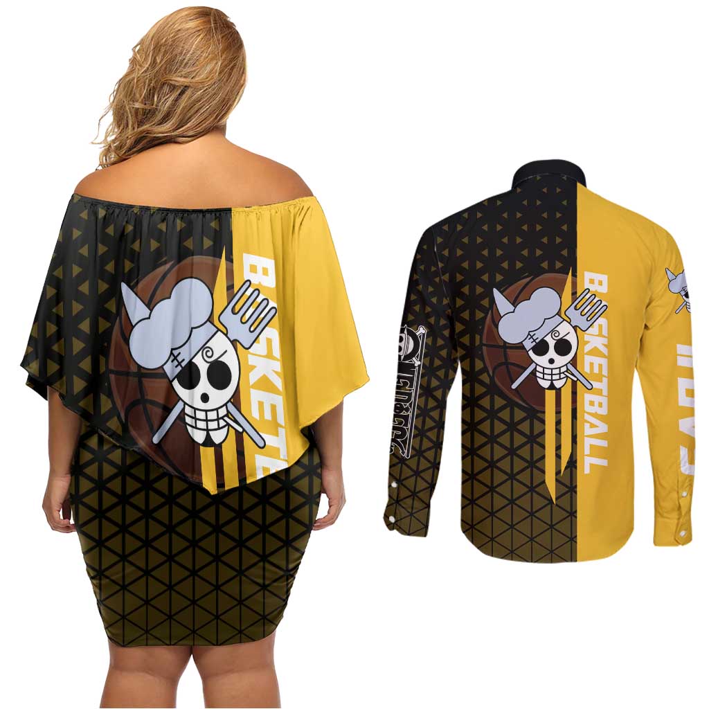 Sanji One Piece Basketball Theme Yellow and Black Design Couples Matching Off Shoulder Short Dress and Long Sleeve Button Shirt with Pirate Chef Logo and Jump Shot Pose - The Mazicc
