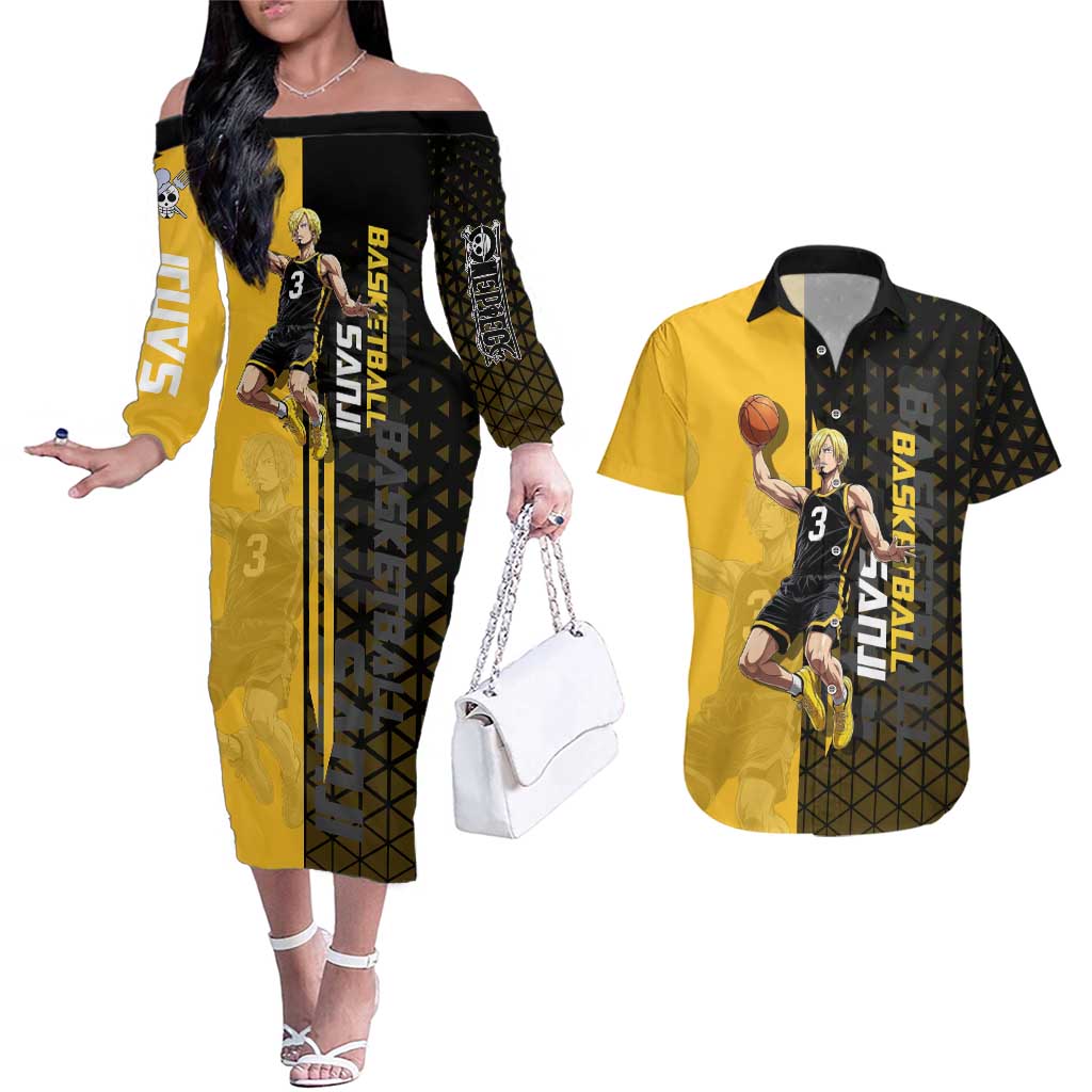 Sanji One Piece Basketball Theme Yellow and Black Design Couples Matching Off The Shoulder Long Sleeve Dress and Hawaiian Shirt with Pirate Chef Logo and Jump Shot Pose - The Mazicc