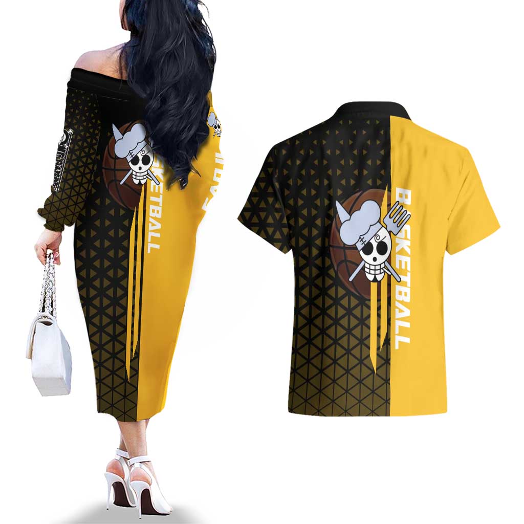 Sanji One Piece Basketball Theme Yellow and Black Design Couples Matching Off The Shoulder Long Sleeve Dress and Hawaiian Shirt with Pirate Chef Logo and Jump Shot Pose - The Mazicc