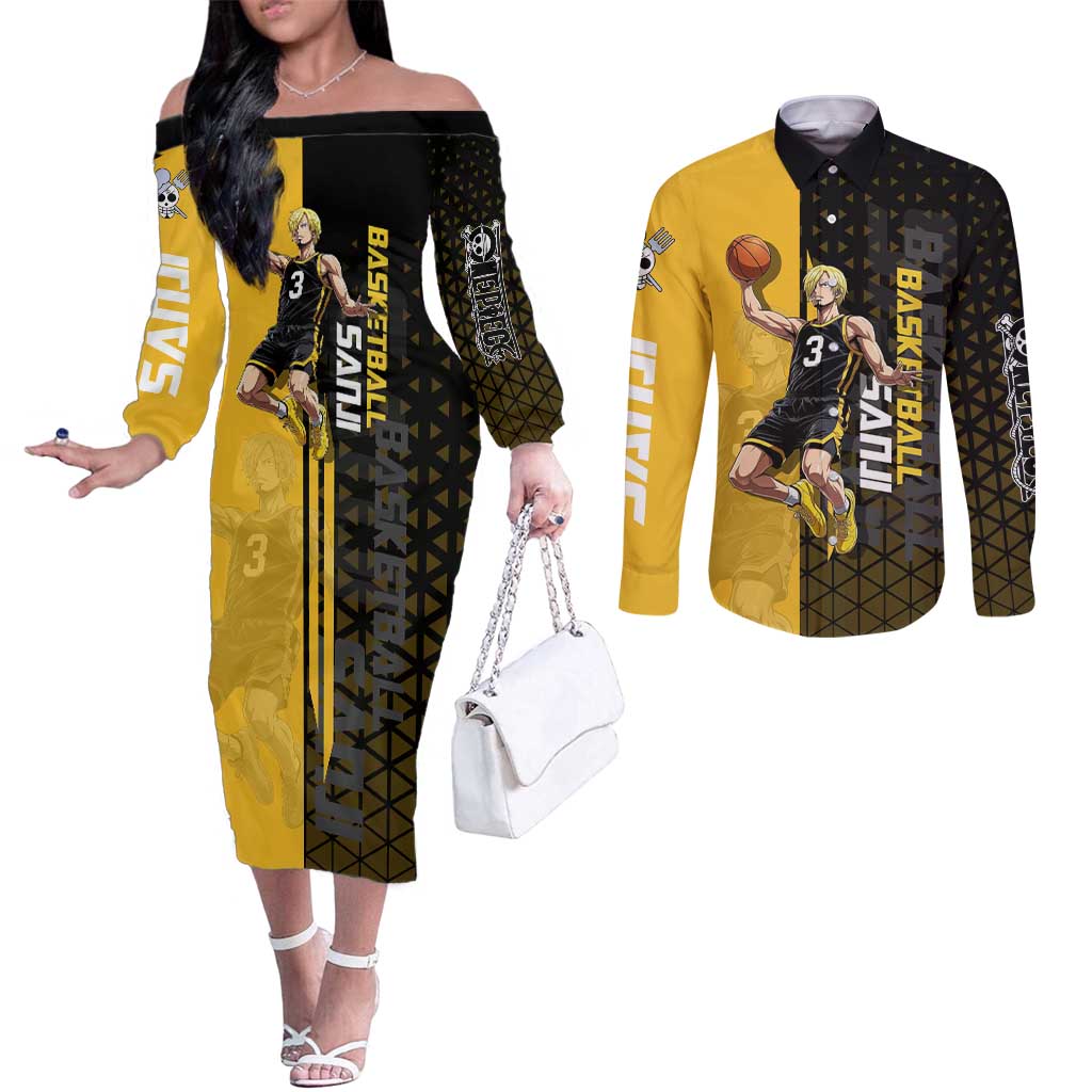 Sanji One Piece Basketball Theme Yellow and Black Design Couples Matching Off The Shoulder Long Sleeve Dress and Long Sleeve Button Shirt with Pirate Chef Logo and Jump Shot Pose - The Mazicc