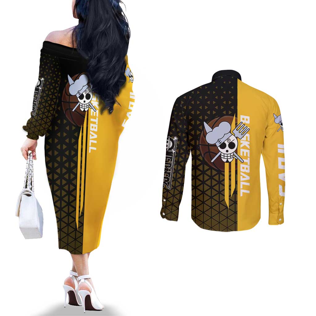 Sanji One Piece Basketball Theme Yellow and Black Design Couples Matching Off The Shoulder Long Sleeve Dress and Long Sleeve Button Shirt with Pirate Chef Logo and Jump Shot Pose - The Mazicc
