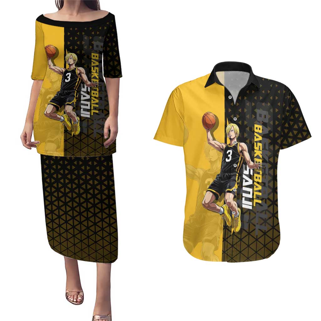 Sanji One Piece Basketball Theme Yellow and Black Design Couples Matching Puletasi and Hawaiian Shirt with Pirate Chef Logo and Jump Shot Pose - The Mazicc