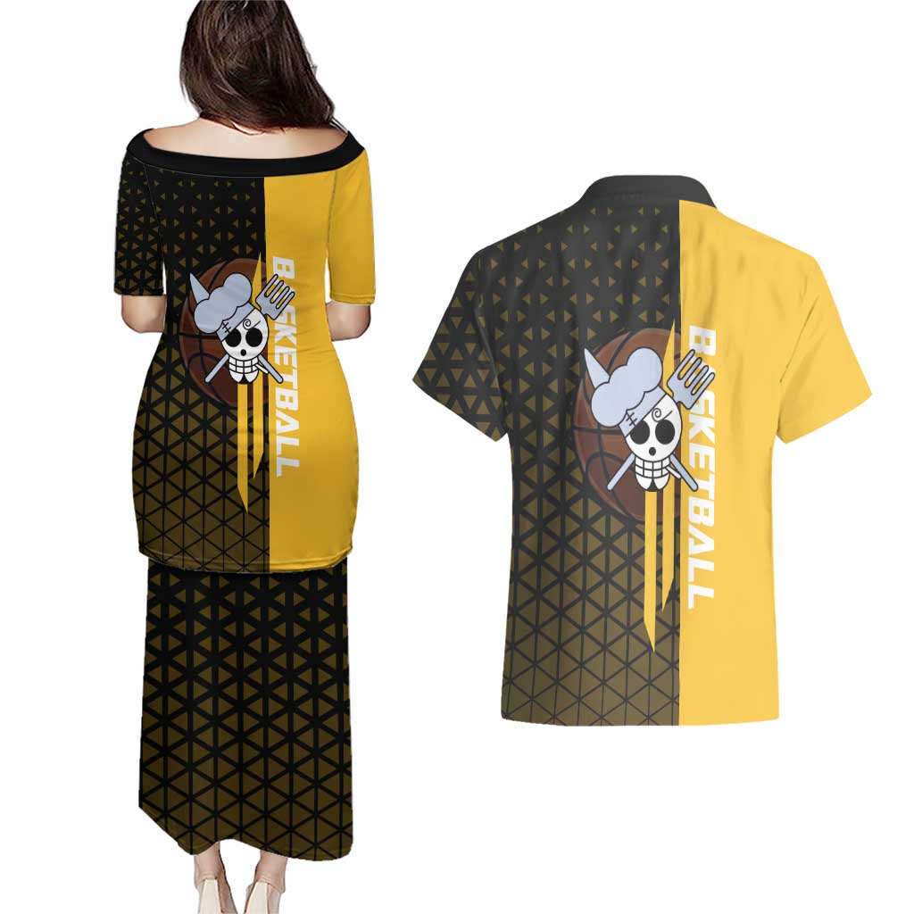 Sanji One Piece Basketball Theme Yellow and Black Design Couples Matching Puletasi and Hawaiian Shirt with Pirate Chef Logo and Jump Shot Pose - The Mazicc