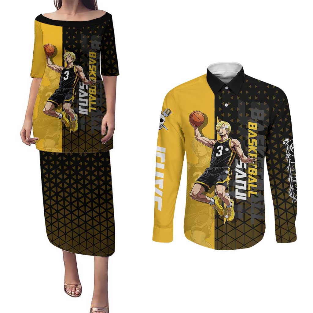 Sanji One Piece Basketball Theme Yellow and Black Design Couples Matching Puletasi and Long Sleeve Button Shirt with Pirate Chef Logo and Jump Shot Pose - The Mazicc