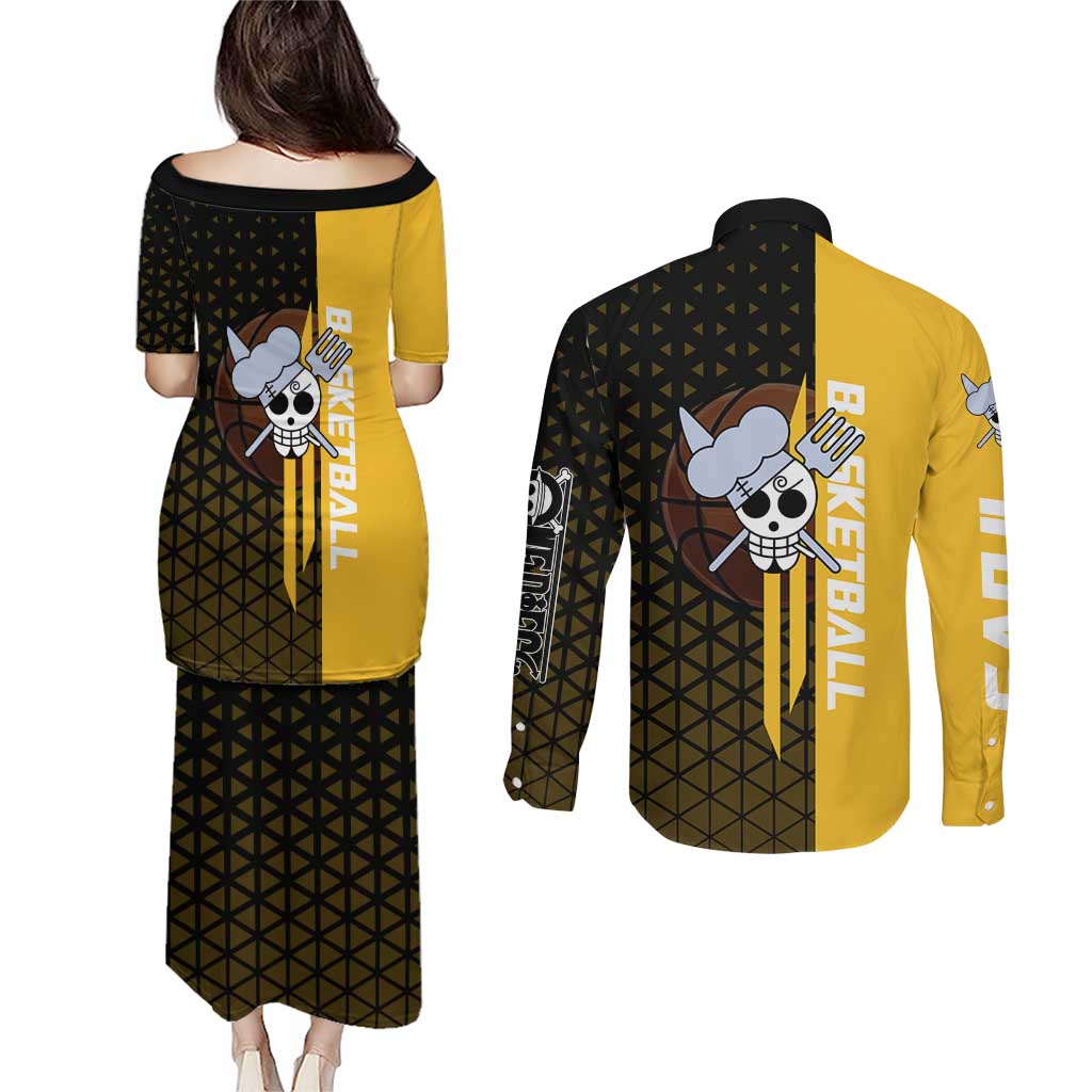Sanji One Piece Basketball Theme Yellow and Black Design Couples Matching Puletasi and Long Sleeve Button Shirt with Pirate Chef Logo and Jump Shot Pose - The Mazicc