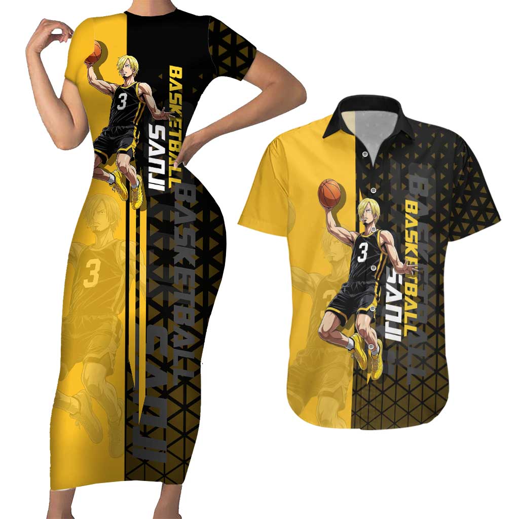 Sanji One Piece Basketball Theme Yellow and Black Design Couples Matching Short Sleeve Bodycon Dress and Hawaiian Shirt with Pirate Chef Logo and Jump Shot Pose - The Mazicc