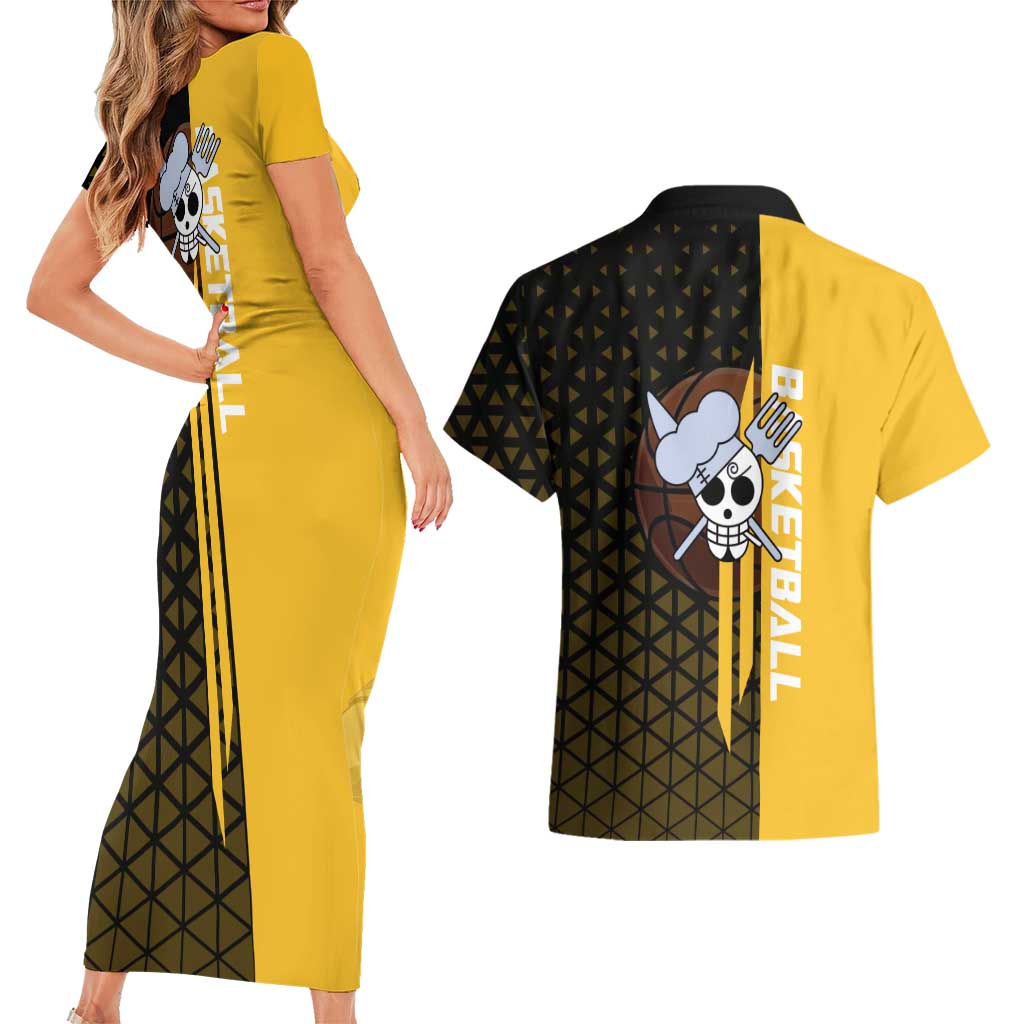 Sanji One Piece Basketball Theme Yellow and Black Design Couples Matching Short Sleeve Bodycon Dress and Hawaiian Shirt with Pirate Chef Logo and Jump Shot Pose - The Mazicc