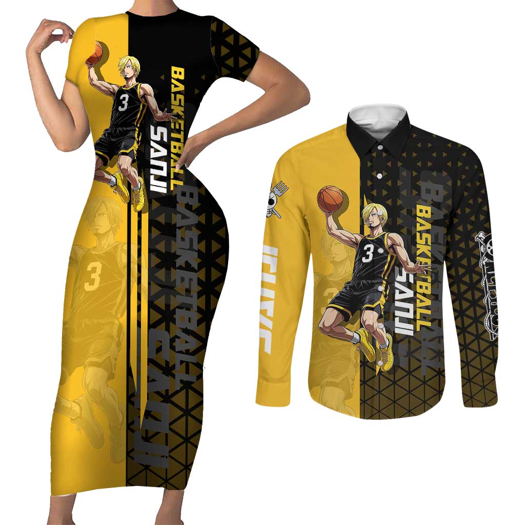 Sanji One Piece Basketball Theme Yellow and Black Design Couples Matching Short Sleeve Bodycon Dress and Long Sleeve Button Shirt with Pirate Chef Logo and Jump Shot Pose - The Mazicc