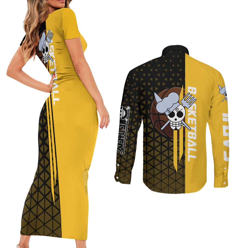 Sanji One Piece Basketball Theme Yellow and Black Design Couples Matching Short Sleeve Bodycon Dress and Long Sleeve Button Shirt with Pirate Chef Logo and Jump Shot Pose - The Mazicc
