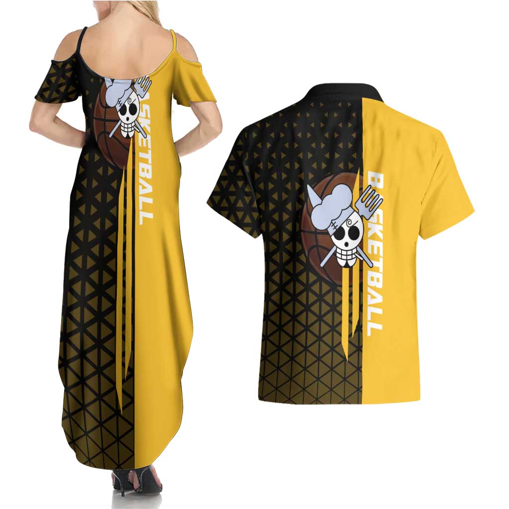Sanji One Piece Basketball Theme Yellow and Black Design Couples Matching Summer Maxi Dress and Hawaiian Shirt with Pirate Chef Logo and Jump Shot Pose - The Mazicc