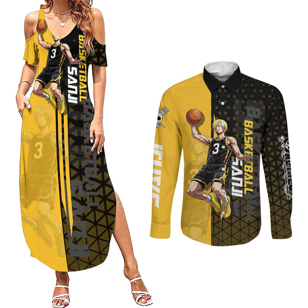 Sanji One Piece Basketball Theme Yellow and Black Design Couples Matching Summer Maxi Dress and Long Sleeve Button Shirt with Pirate Chef Logo and Jump Shot Pose - The Mazicc