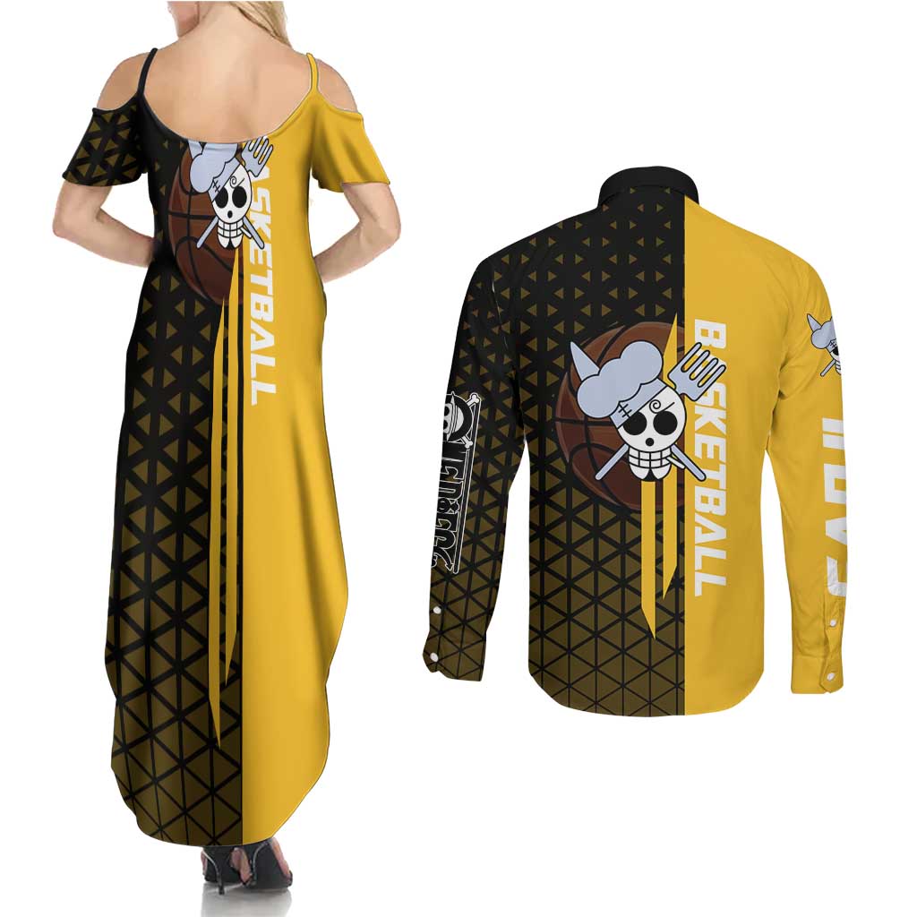 Sanji One Piece Basketball Theme Yellow and Black Design Couples Matching Summer Maxi Dress and Long Sleeve Button Shirt with Pirate Chef Logo and Jump Shot Pose - The Mazicc