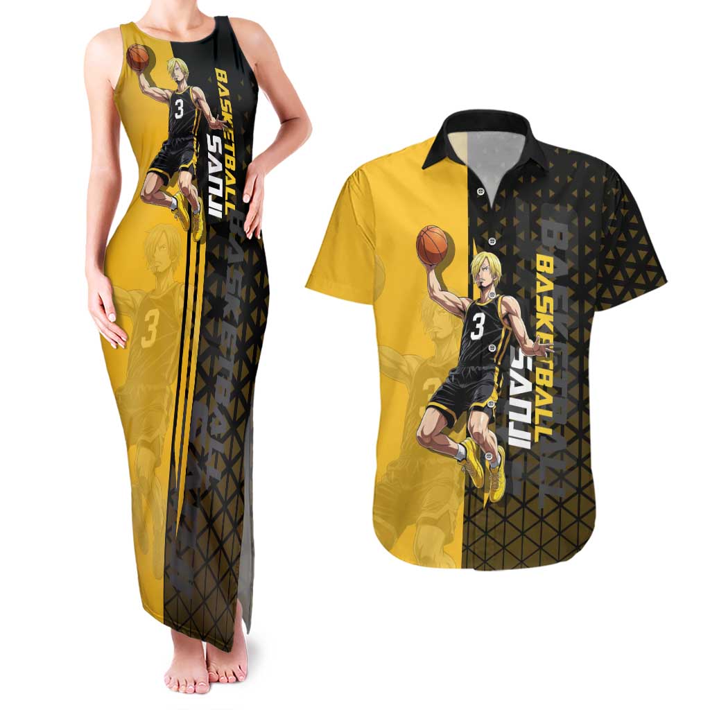 Sanji One Piece Basketball Theme Yellow and Black Design Couples Matching Tank Maxi Dress and Hawaiian Shirt with Pirate Chef Logo and Jump Shot Pose - The Mazicc