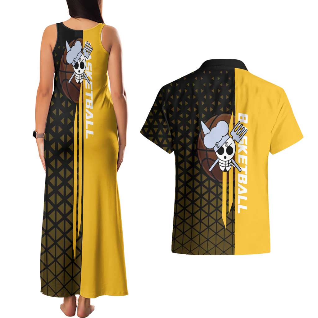 Sanji One Piece Basketball Theme Yellow and Black Design Couples Matching Tank Maxi Dress and Hawaiian Shirt with Pirate Chef Logo and Jump Shot Pose - The Mazicc