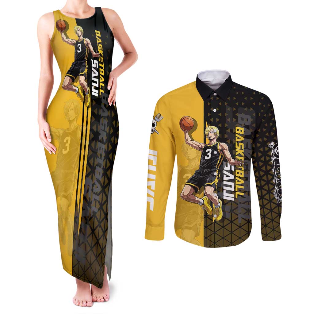 Sanji One Piece Basketball Theme Yellow and Black Design Couples Matching Tank Maxi Dress and Long Sleeve Button Shirt with Pirate Chef Logo and Jump Shot Pose - The Mazicc
