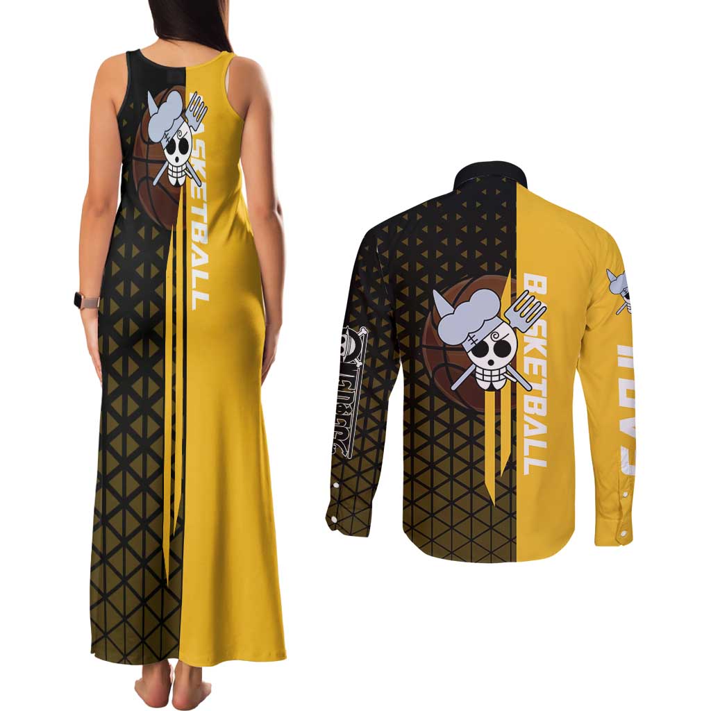Sanji One Piece Basketball Theme Yellow and Black Design Couples Matching Tank Maxi Dress and Long Sleeve Button Shirt with Pirate Chef Logo and Jump Shot Pose - The Mazicc