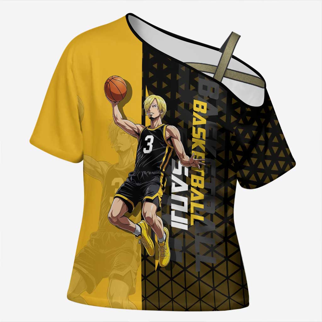 Sanji One Piece Basketball Theme Yellow and Black Design Cross Shoulder Shirt with Pirate Chef Logo and Jump Shot Pose - The Mazicc