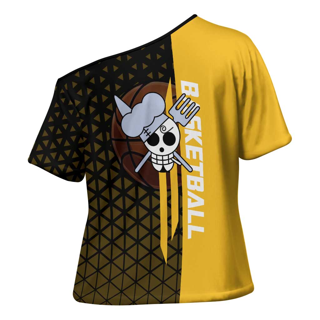 Sanji One Piece Basketball Theme Yellow and Black Design Cross Shoulder Shirt with Pirate Chef Logo and Jump Shot Pose - The Mazicc