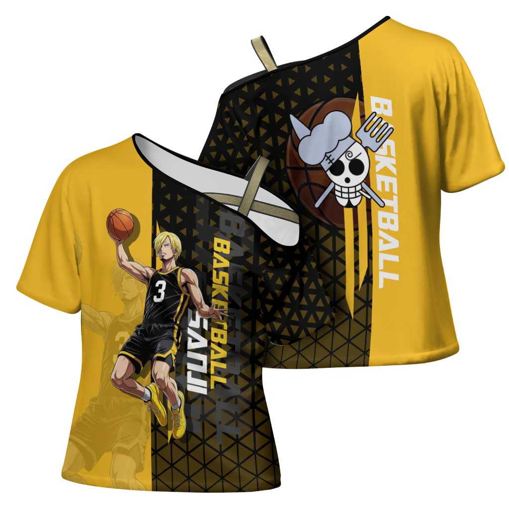 Sanji One Piece Basketball Theme Yellow and Black Design Cross Shoulder Shirt with Pirate Chef Logo and Jump Shot Pose - The Mazicc
