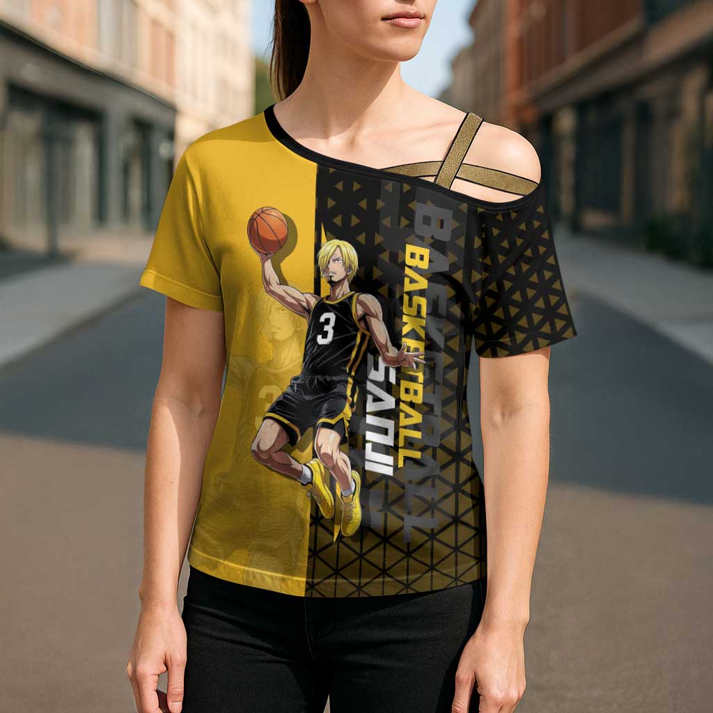 Sanji One Piece Basketball Theme Yellow and Black Design Cross Shoulder Shirt with Pirate Chef Logo and Jump Shot Pose - The Mazicc