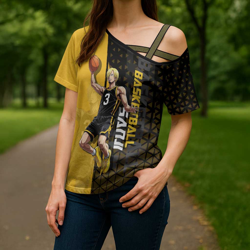 Sanji One Piece Basketball Theme Yellow and Black Design Cross Shoulder Shirt with Pirate Chef Logo and Jump Shot Pose - The Mazicc