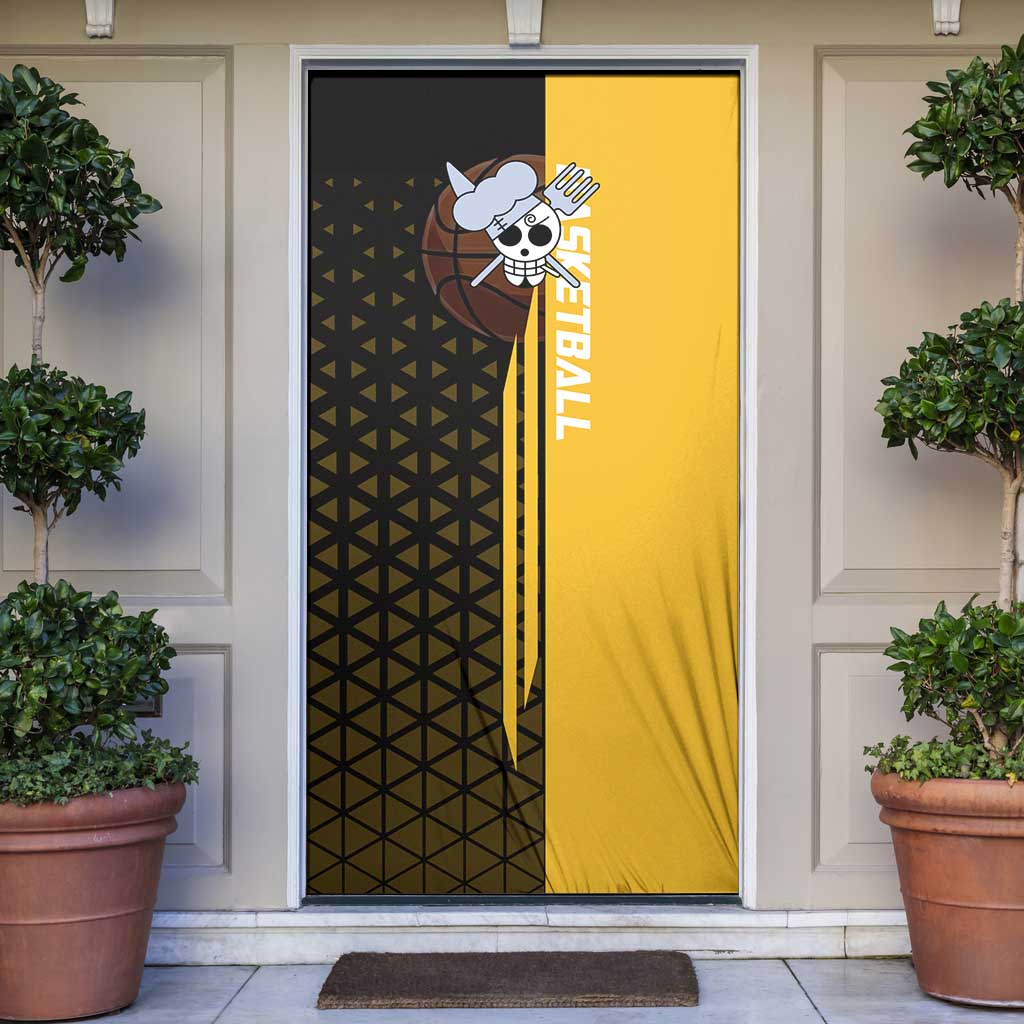 Sanji One Piece Basketball Theme Yellow and Black Design Door Cover with Pirate Chef Logo and Jump Shot Pose - The Mazicc