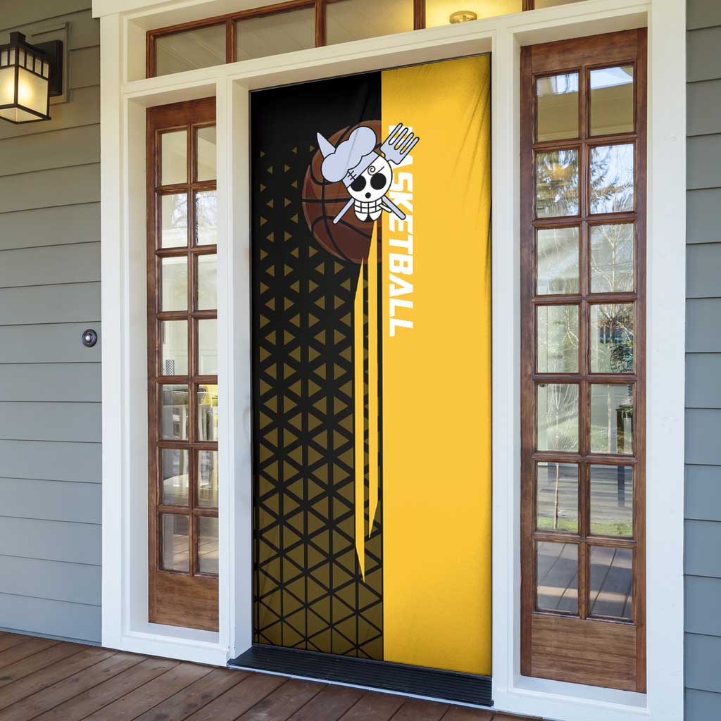 Sanji One Piece Basketball Theme Yellow and Black Design Door Cover with Pirate Chef Logo and Jump Shot Pose - The Mazicc