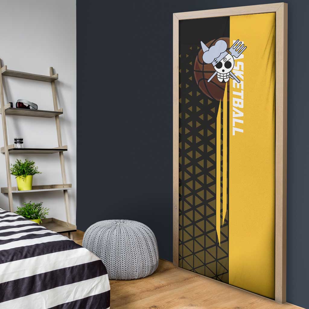 Sanji One Piece Basketball Theme Yellow and Black Design Door Cover with Pirate Chef Logo and Jump Shot Pose - The Mazicc