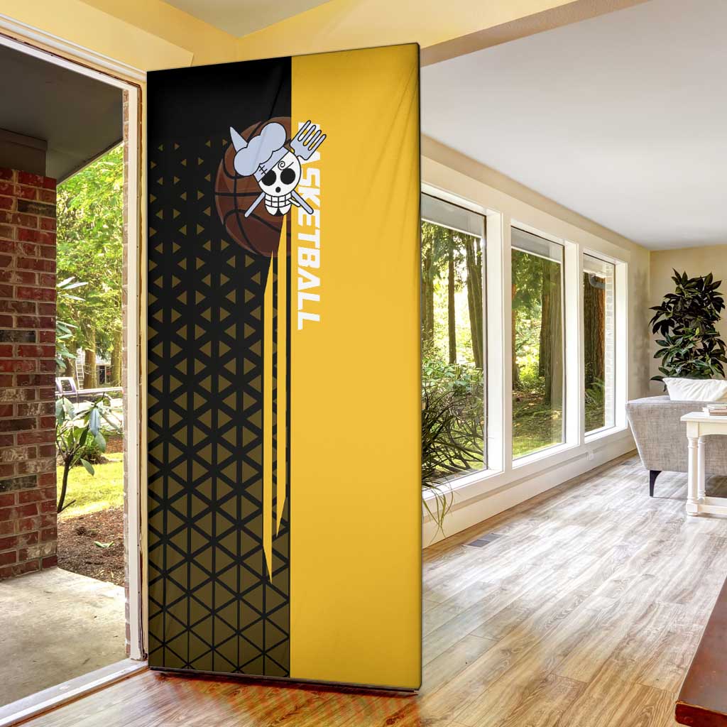 Sanji One Piece Basketball Theme Yellow and Black Design Door Cover with Pirate Chef Logo and Jump Shot Pose - The Mazicc