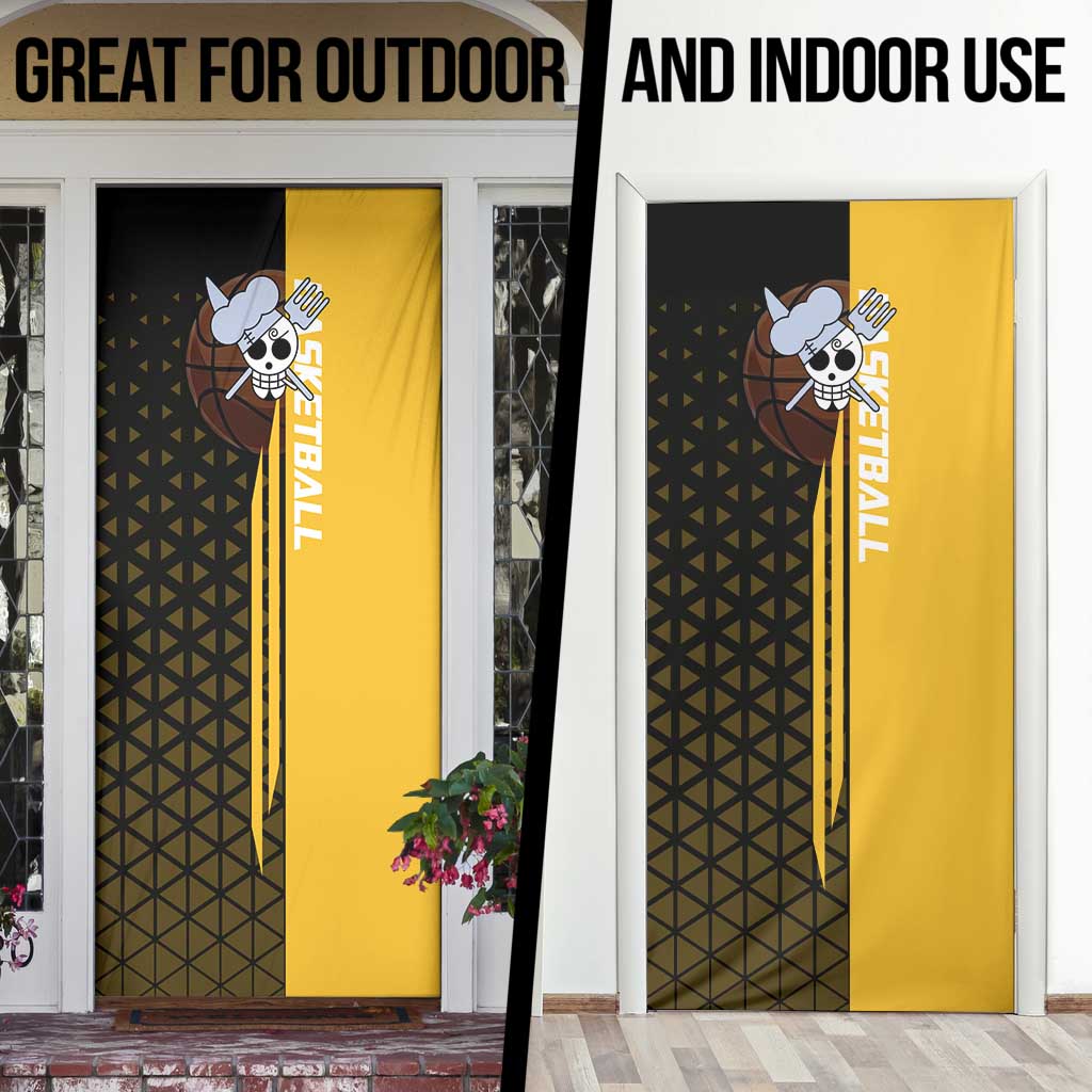Sanji One Piece Basketball Theme Yellow and Black Design Door Cover with Pirate Chef Logo and Jump Shot Pose - The Mazicc