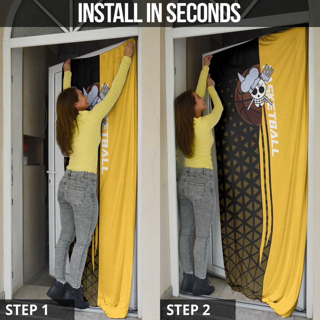 Sanji One Piece Basketball Theme Yellow and Black Design Door Cover with Pirate Chef Logo and Jump Shot Pose - The Mazicc