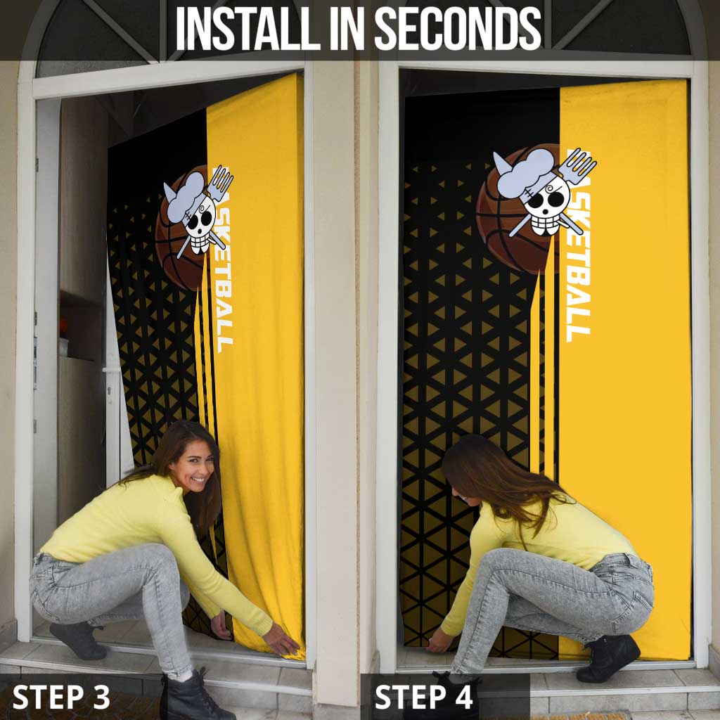 Sanji One Piece Basketball Theme Yellow and Black Design Door Cover with Pirate Chef Logo and Jump Shot Pose - The Mazicc