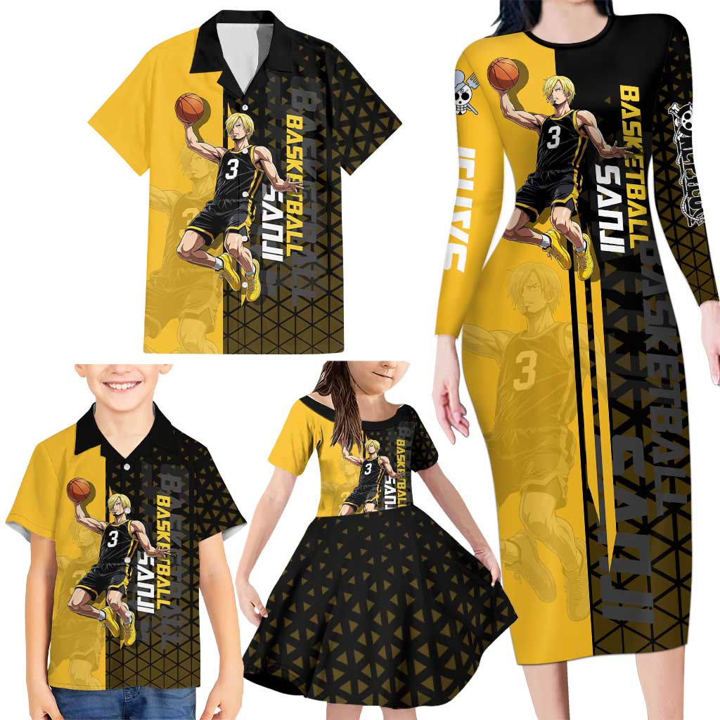 Sanji One Piece Basketball Theme Yellow and Black Design Family Matching Long Sleeve Bodycon Dress and Hawaiian Shirt with Pirate Chef Logo and Jump Shot Pose