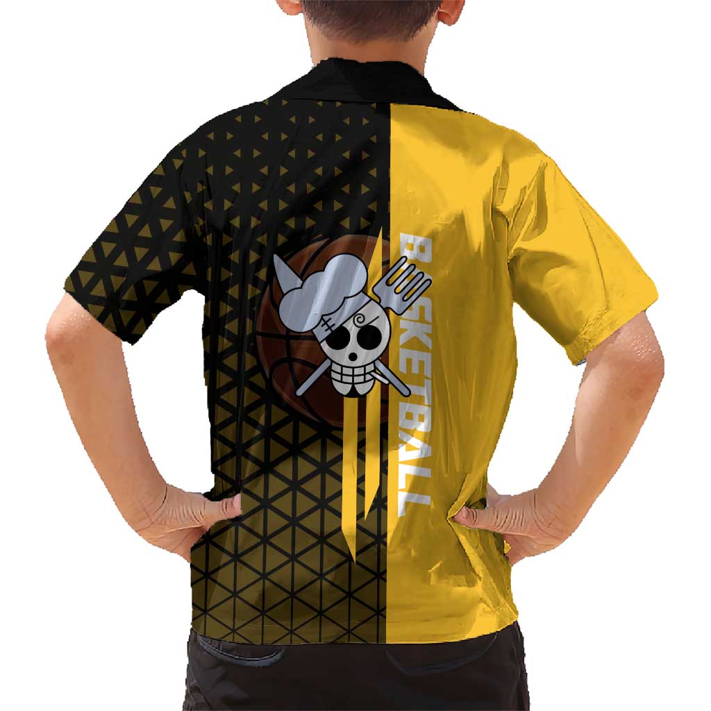 Sanji One Piece Basketball Theme Yellow and Black Design Family Matching Long Sleeve Bodycon Dress and Hawaiian Shirt with Pirate Chef Logo and Jump Shot Pose