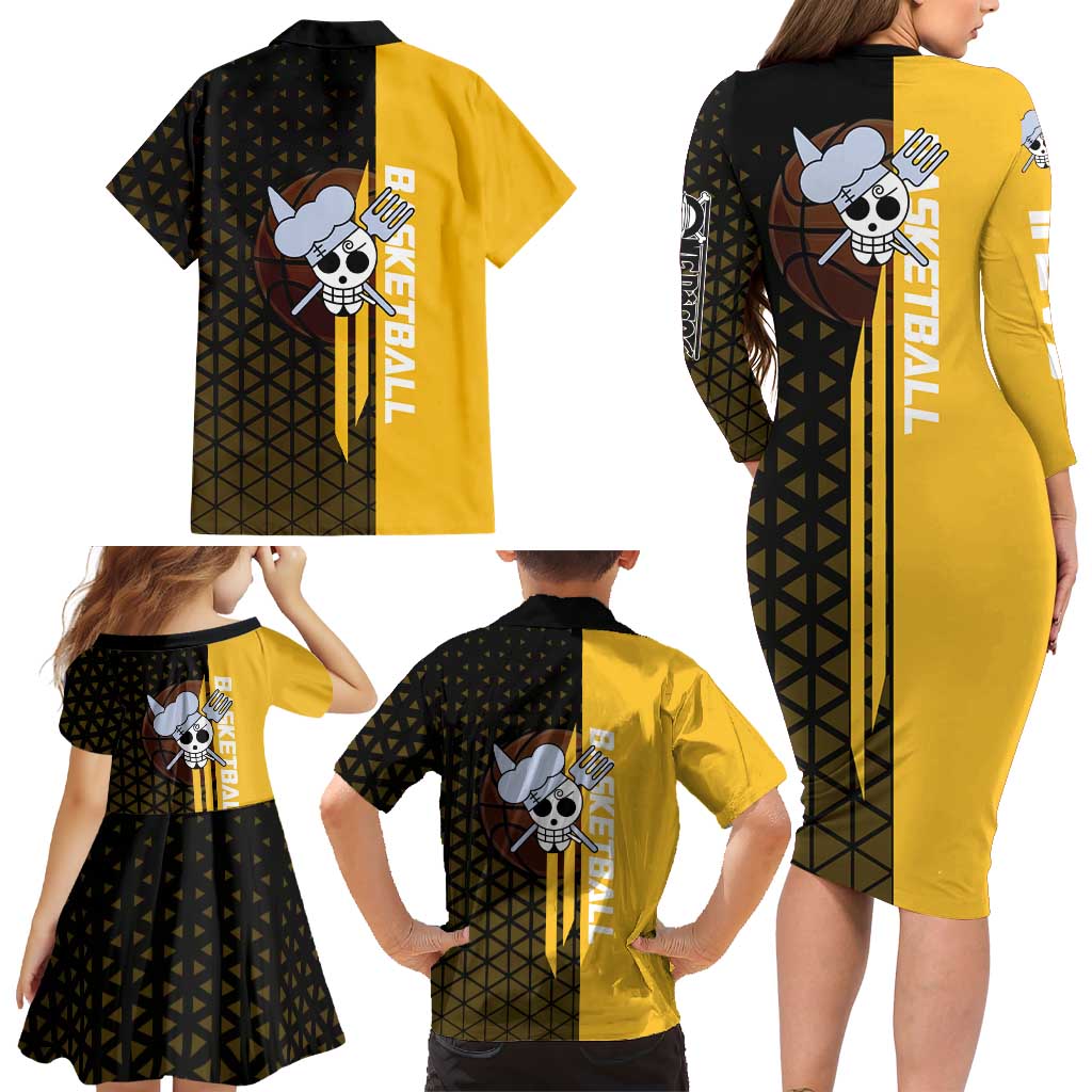 Sanji One Piece Basketball Theme Yellow and Black Design Family Matching Long Sleeve Bodycon Dress and Hawaiian Shirt with Pirate Chef Logo and Jump Shot Pose