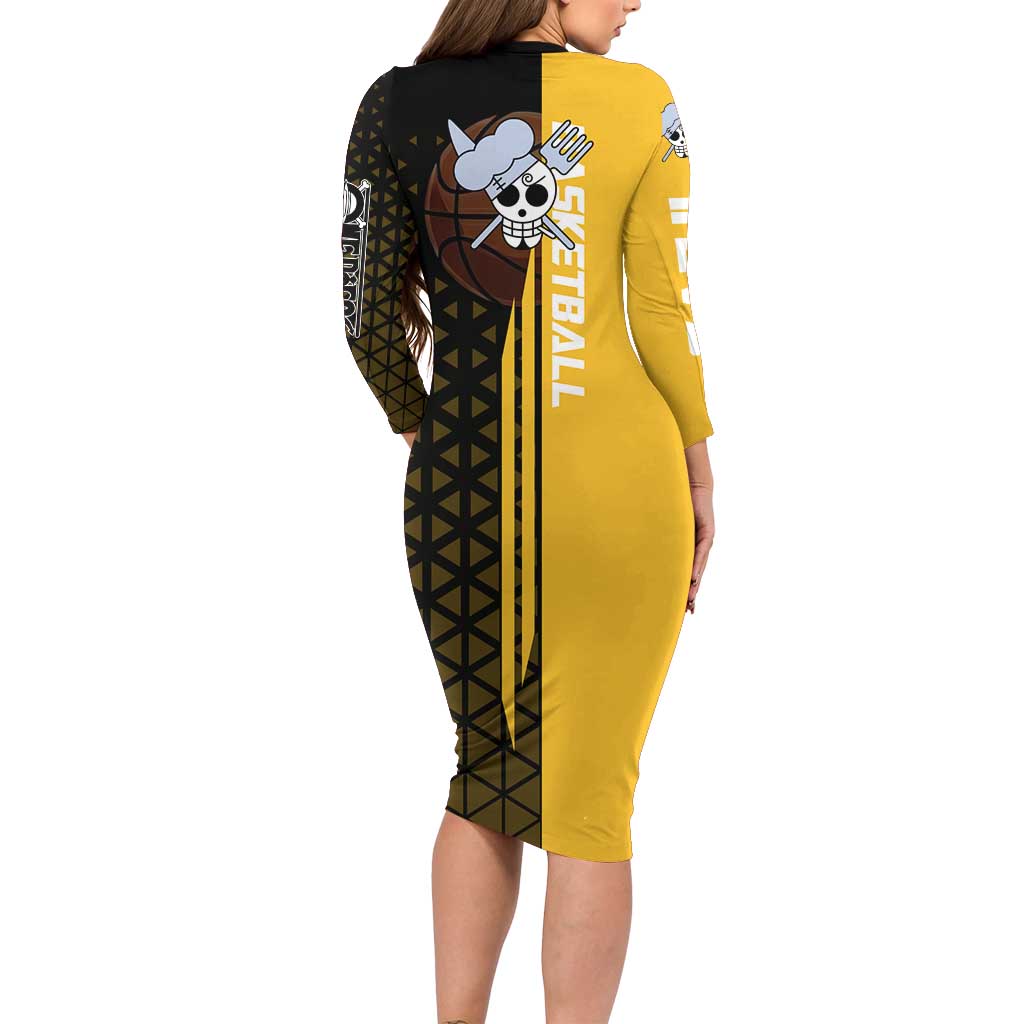 Sanji One Piece Basketball Theme Yellow and Black Design Family Matching Long Sleeve Bodycon Dress and Hawaiian Shirt with Pirate Chef Logo and Jump Shot Pose