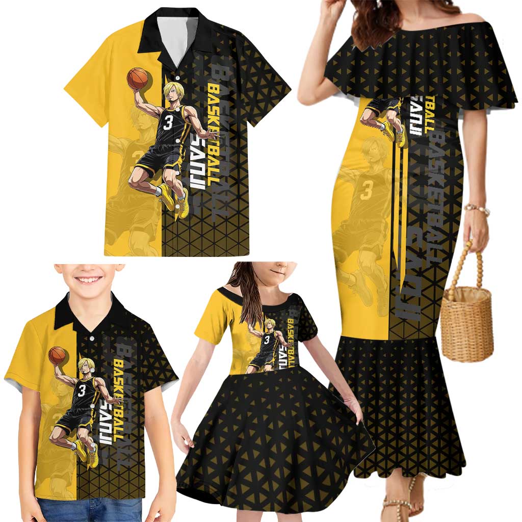 Sanji One Piece Basketball Theme Yellow and Black Design Family Matching Mermaid Dress and Hawaiian Shirt with Pirate Chef Logo and Jump Shot Pose