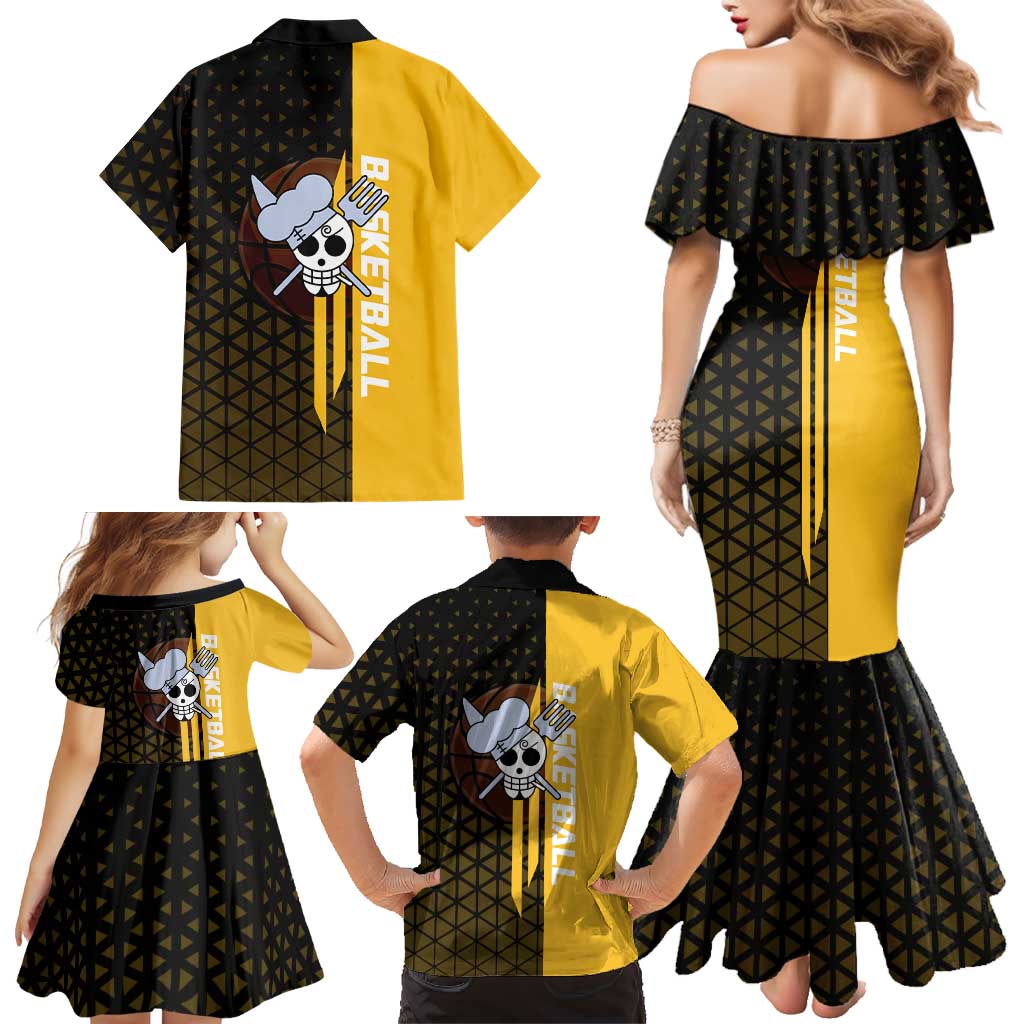 Sanji One Piece Basketball Theme Yellow and Black Design Family Matching Mermaid Dress and Hawaiian Shirt with Pirate Chef Logo and Jump Shot Pose